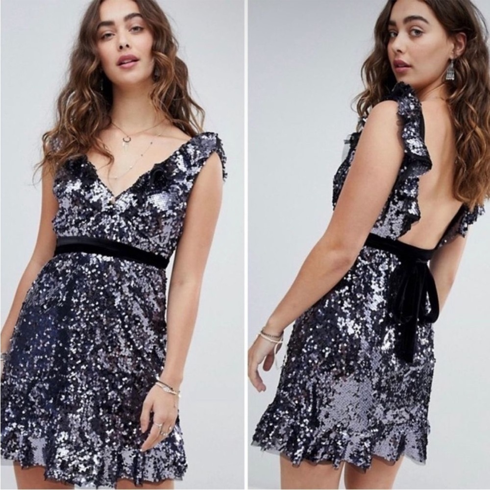 Free People NWT Sequin Purple & Black Siren Mini Dress Plunging Neckline- Size 2